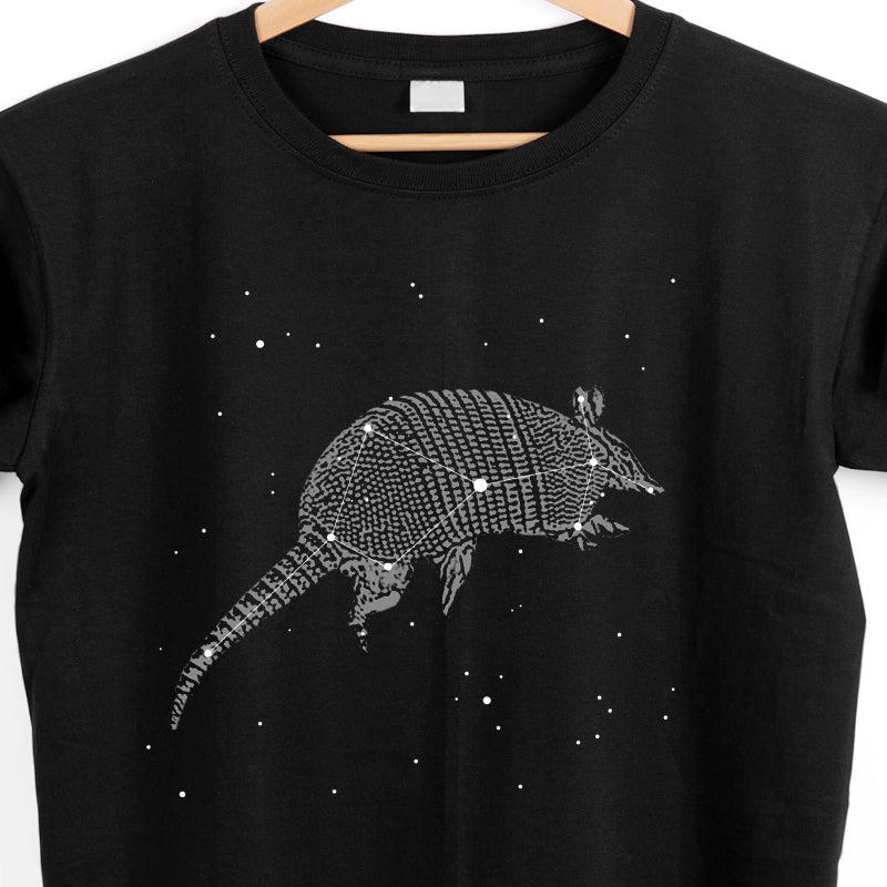 view of a black t-shirt with the armadillo constellation printed on the front, available at mytexasgift.com