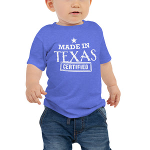 Infant wearing a blue t-shirt with imprint made in texas certified from mytexasgift.com