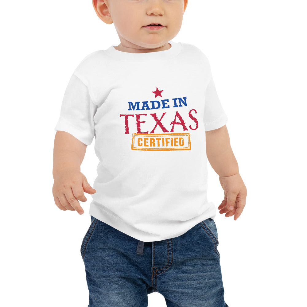 Infant wearing a white t-shirt with imprint made in texas certified from mytexasgift.com